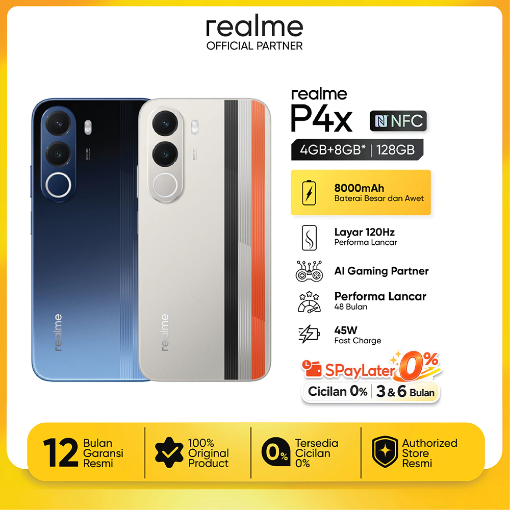 realme P4x 4GB+8GB*|128GB (8000mAh Baterai Besar dan Awet | Layar 120Hz Performa Lancar | AI Gaming Partner | Performa Lancar 48...