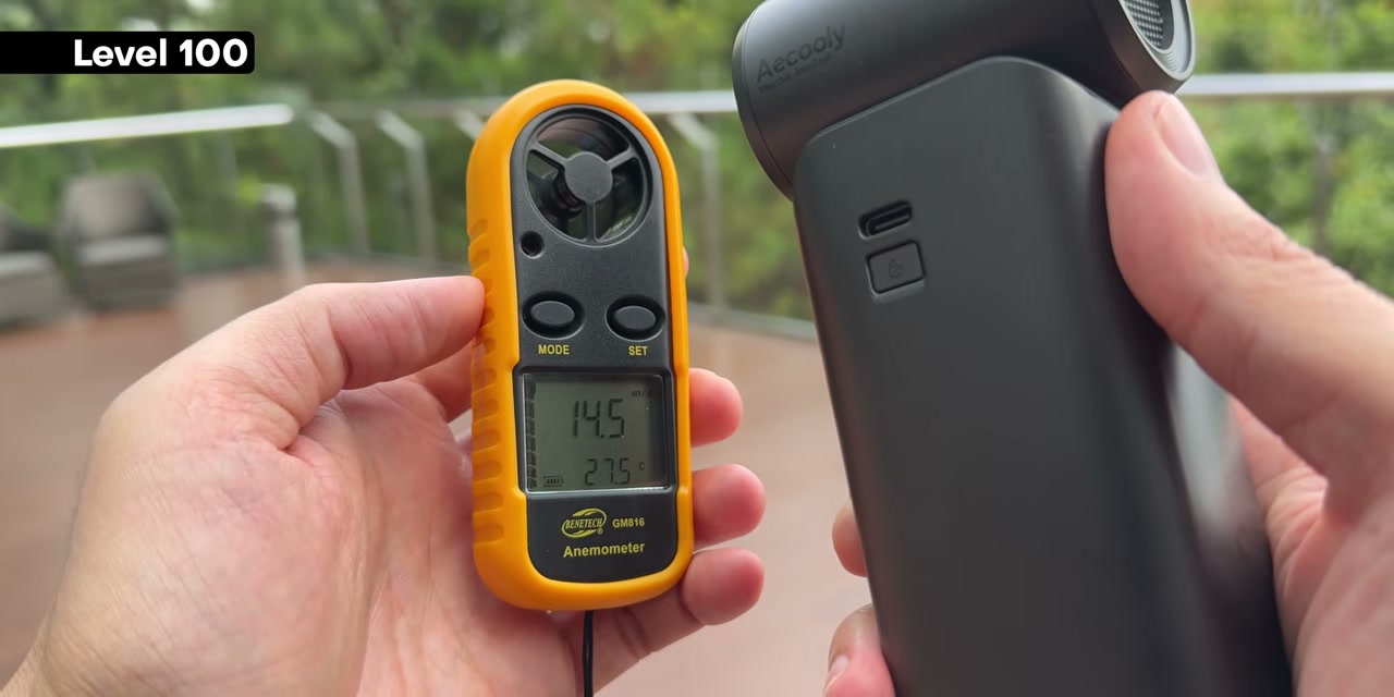 Anemometer menunjukkan kecepatan angin Aecooly ColdAir Ultra level 100