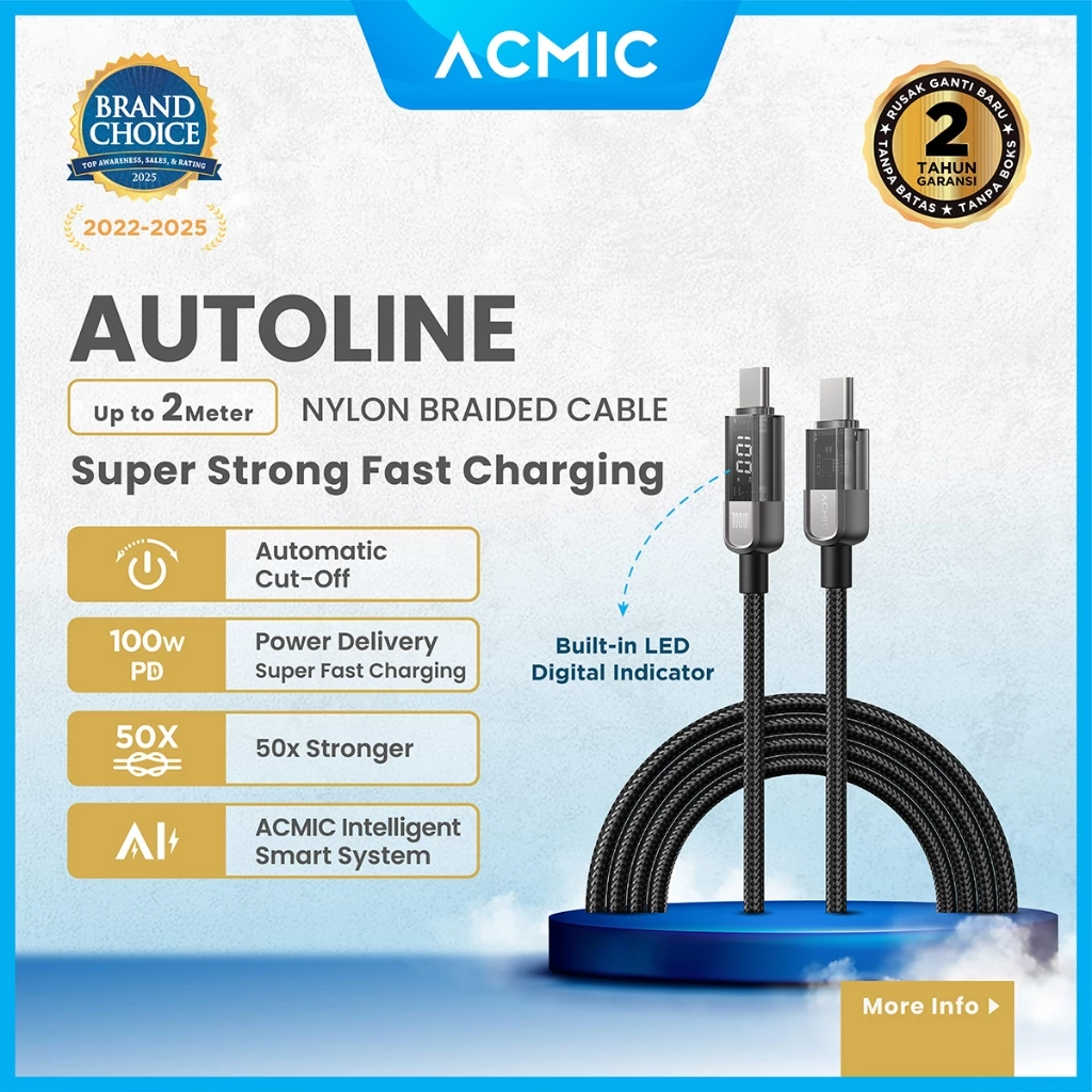 [New Launch] ACMIC AUTOLINE D100 Auto Cuf Off Cable USB-C TO USB-C Kabel Super Strong Fast Charging Built-in Digital Display