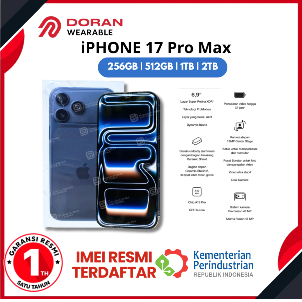 Apple iPhone 17 Pro Max 256GB 512GB 1TB 2TB A19 Pro 6.3" OLED 120Hz with Ceramic Shield Garansi Resmi