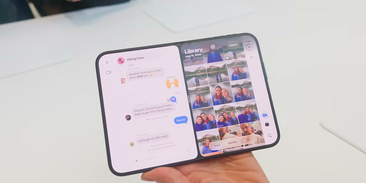 iPhone Duo menampilkan multitasking dengan aplikasi Pesan dan Foto