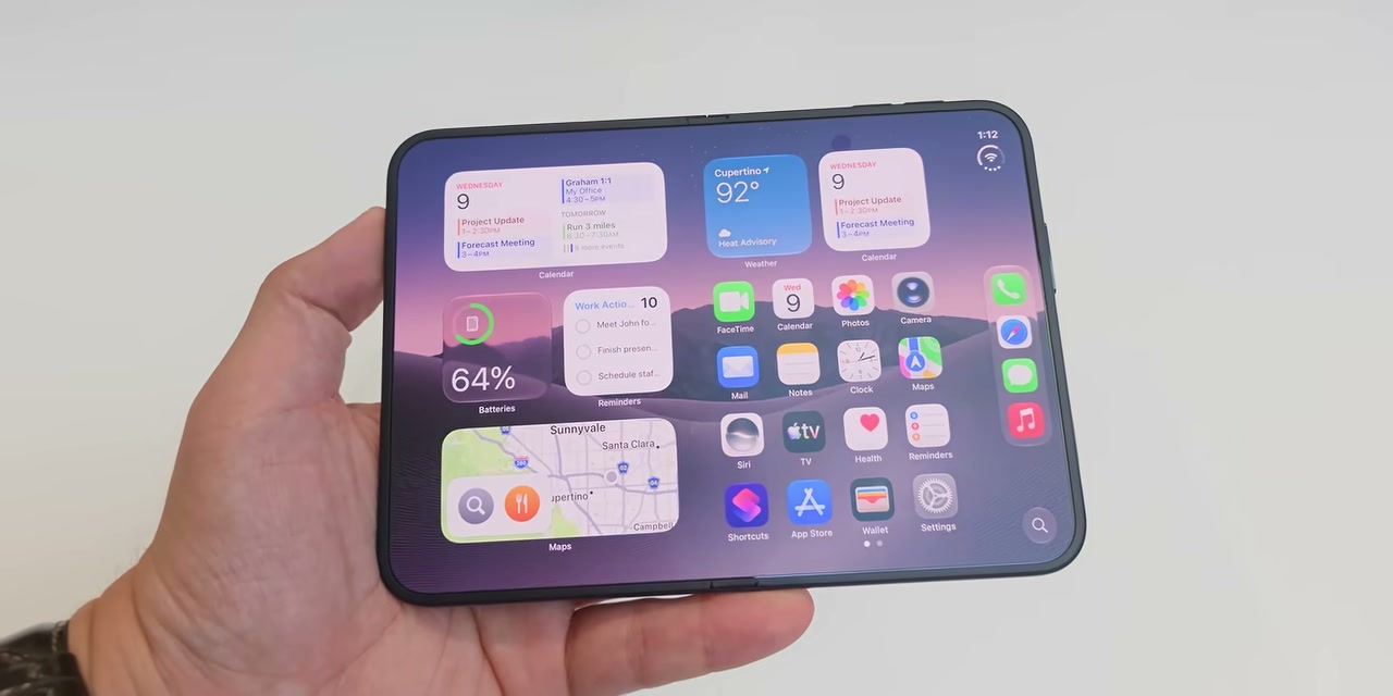 iPhone Duo menampilkan layar dalam lebar dengan widget iOS