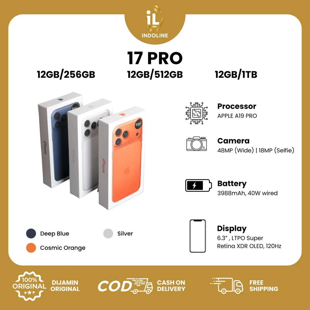 APPLE IPHONE 17 PRO RAM 12/256GB OR 12/512GB OR 12/1TB A19 PRO CHIP GARANSI RESMI
