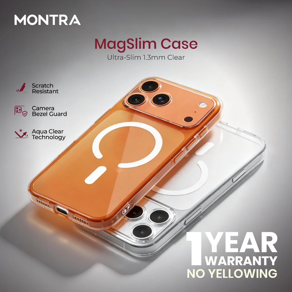 MONTRA MagSlim Clear Case — Ultra Slim MagSafe Case 1.3mm for iPhone 18 17 16 15 Series with Anti UV Protection and Aqua Clear...