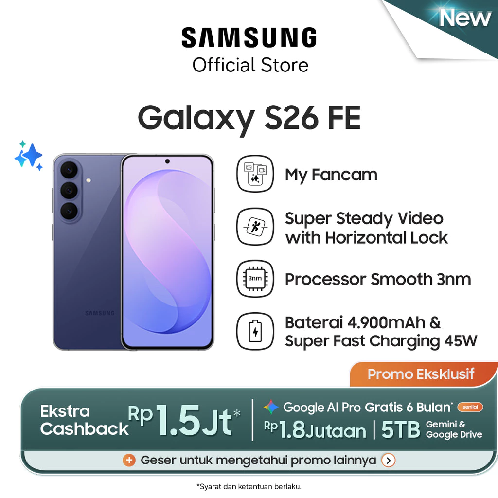 Samsung Galaxy S26 FE 8/256GB - Blueberry - Handphone AI | Kamera 50MP | Prosesor 3nm