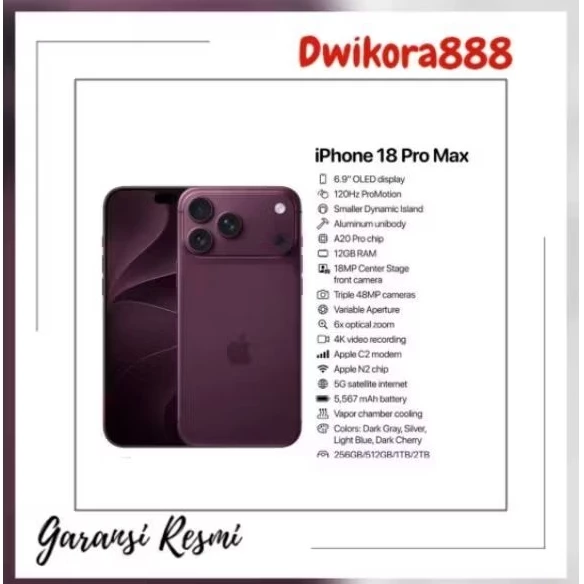IPHONE 18 PRO MAX ROM 256GB GARANSI RESMI 1 TAHUN
