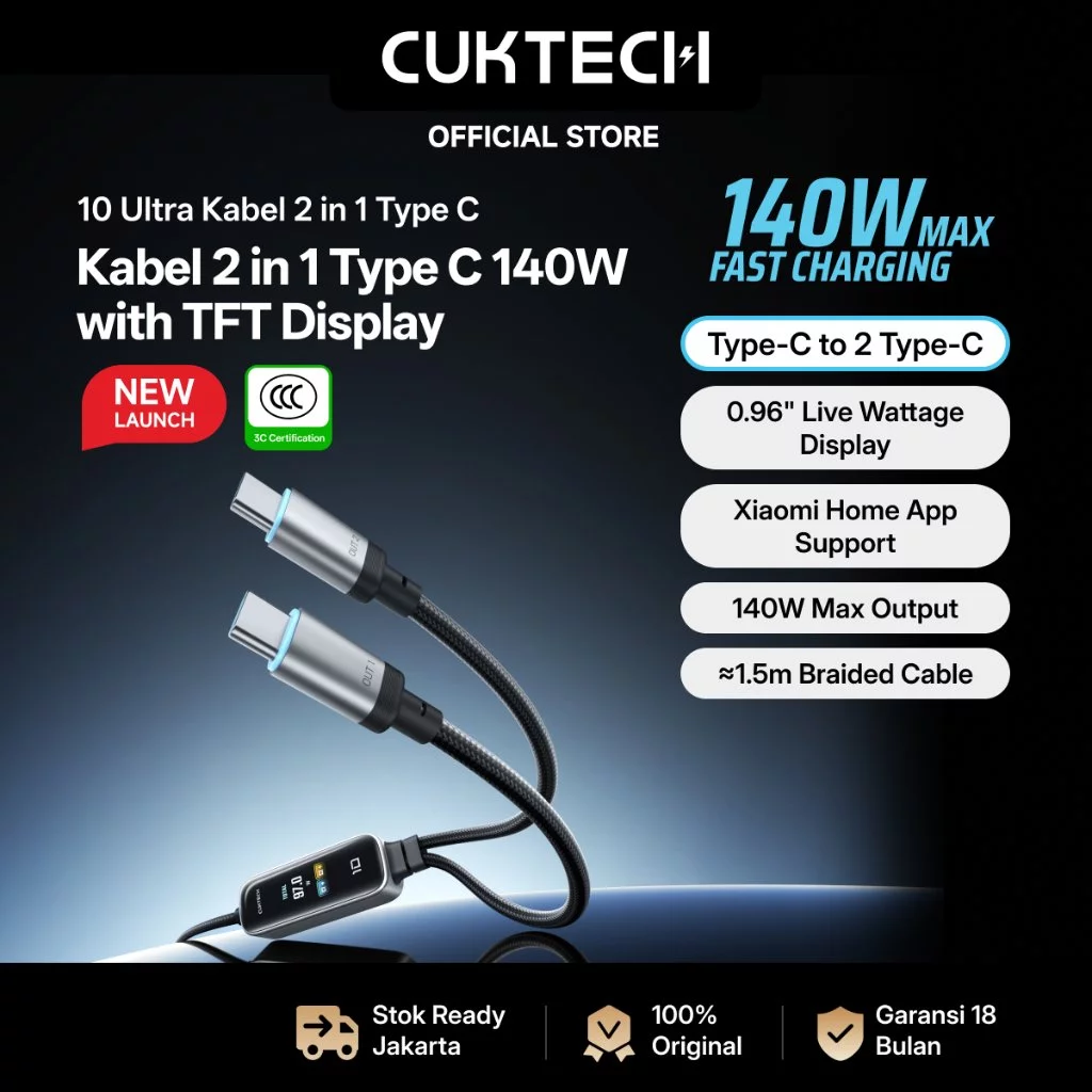 [New Launch] CUKTECH Kabel Data 140W Max with Display & Mi Home App Control 2 in 1 Type C to C+C PD Fast Charging 6A, Support...