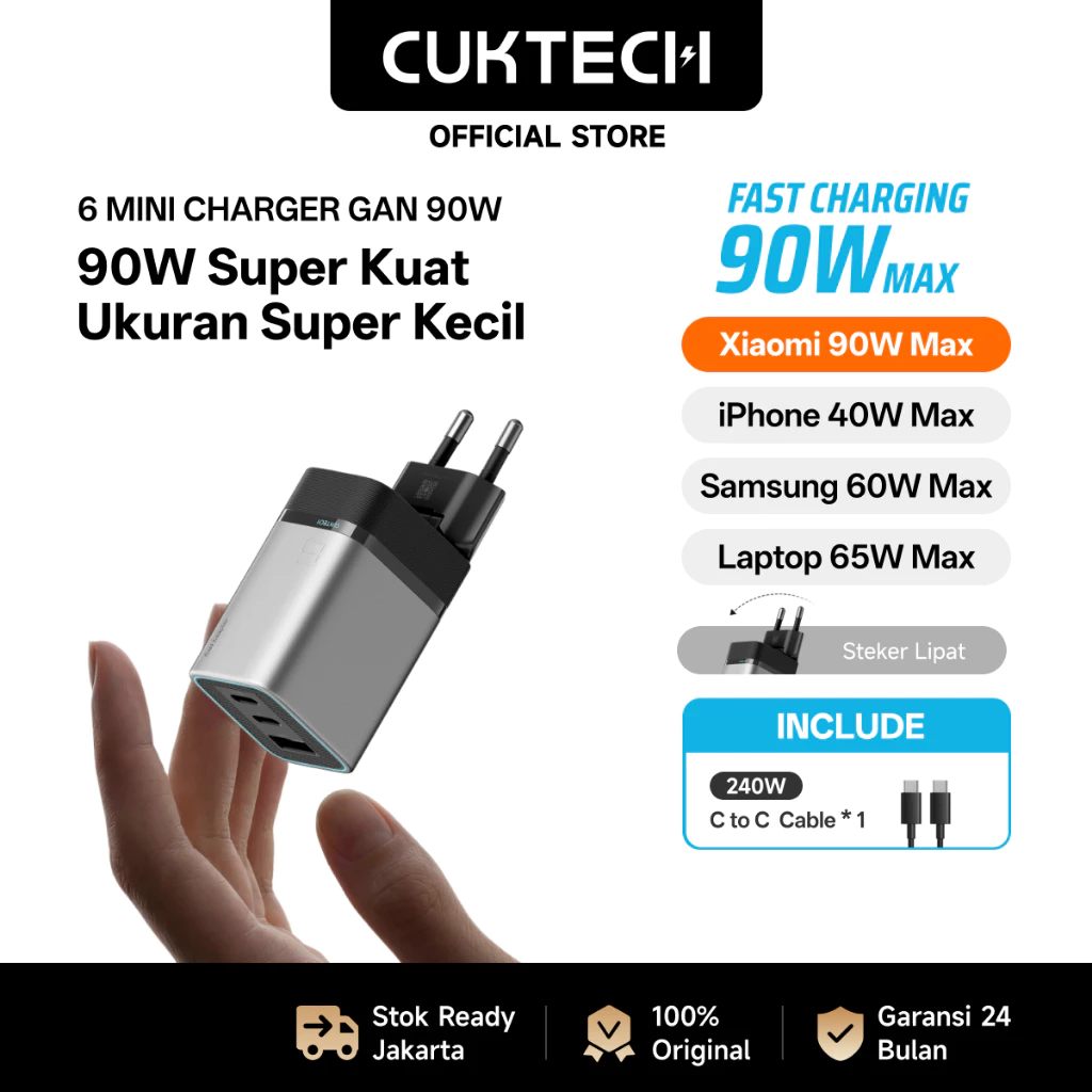 CUKTECH Charger GaN Mini 90W Max Fast Charging Foldable Plug Portable Kepala Charger Type C PD PPS Adapter for Xiaomi 17 iPhone 17...
